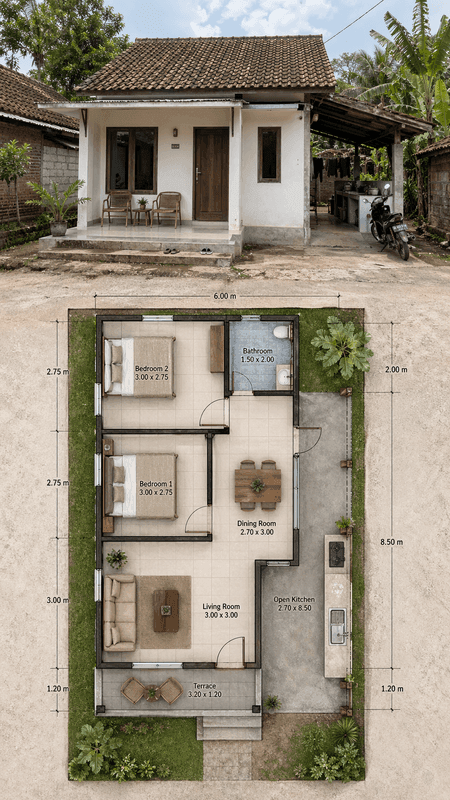4. Rumah 2 Kamar dengan Dapur Terbuka