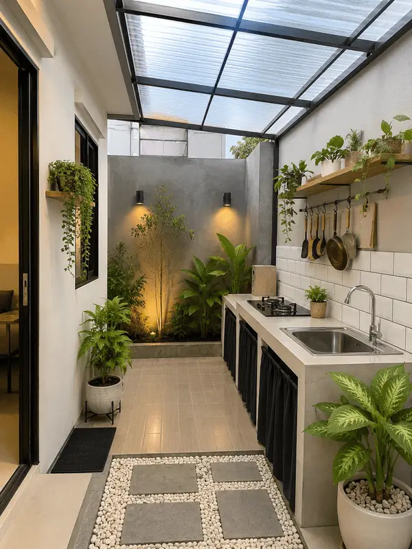 1. Dapur Semi Outdoor dengan Kanopi Transparan