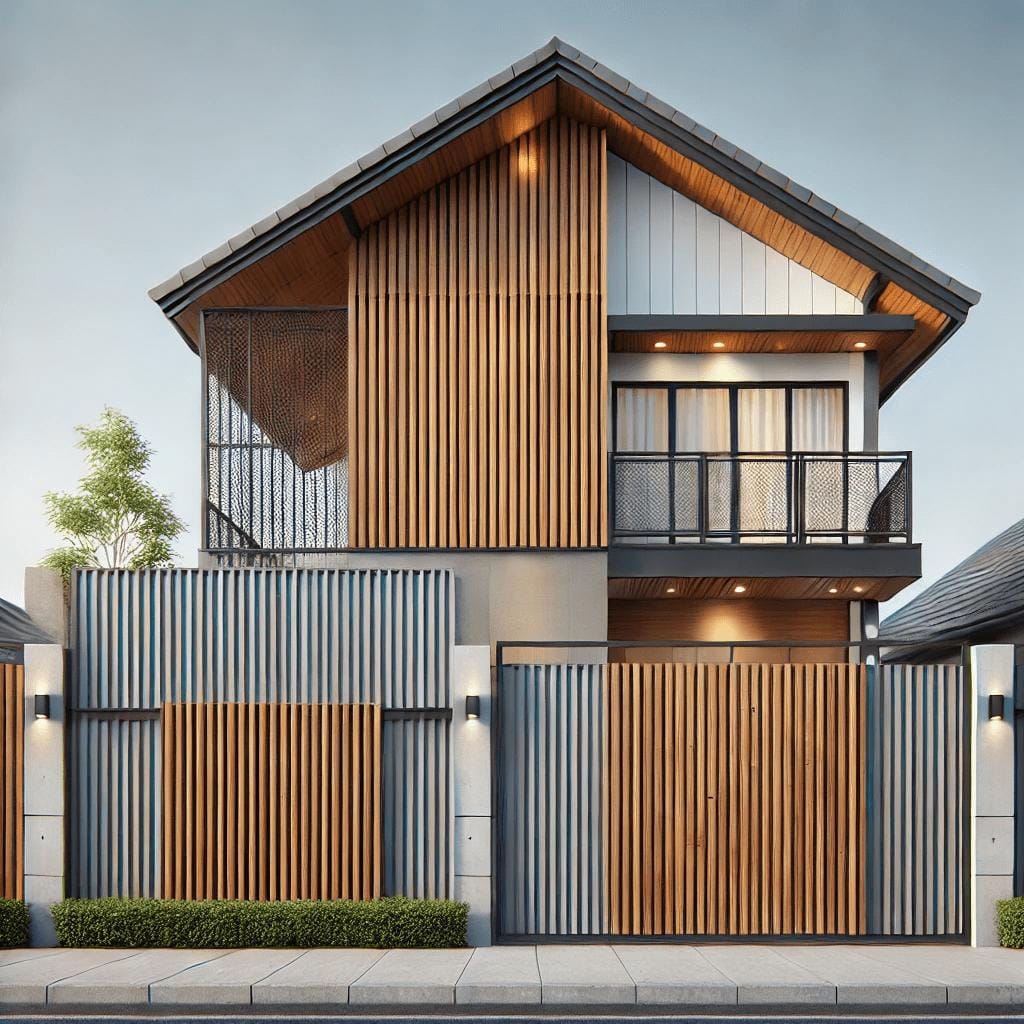 7. Pagar Kayu Kombinasi Besi Natural Modern